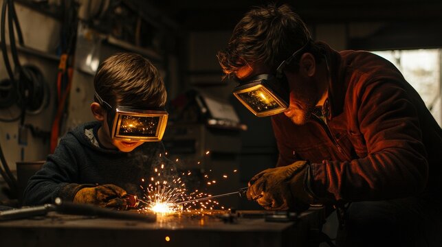 Father and son working together in a workshop creating sparks while welding at dusk