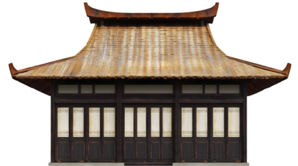 Isolated Asian Pavilion Illustration with Straw Roof and Dark Wood; Transparent Background