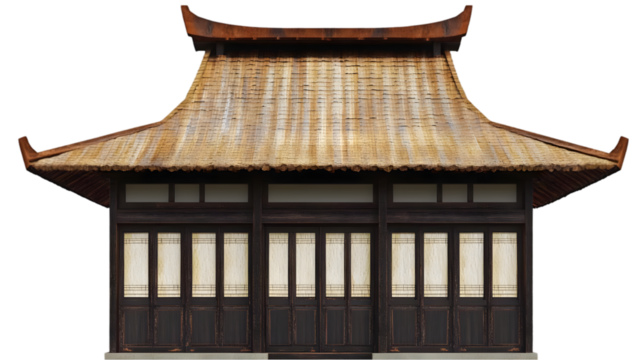 Isolated Asian Pavilion Illustration with Straw Roof and Dark Wood; Transparent Background