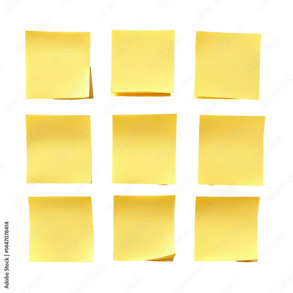 Poster nine yellow sticky notes arranged in a grid on a transparent background for organization or reminder