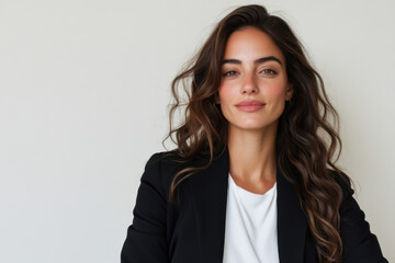 Obraz premium Confident businesswoman smiling, wearing blazer and white shirt, on white background
