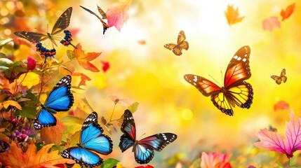 Peaceful Earth scene with butterflies and autumn leaves, vivid yellow backdrop