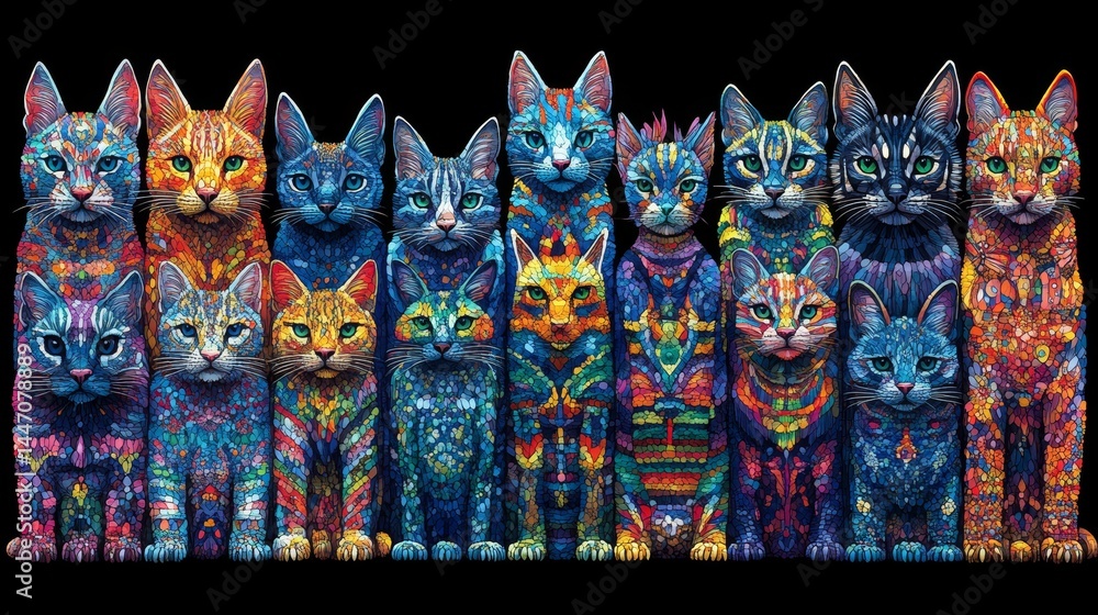 Aufkleber vibrant mosaic of feline forms a stunning collection of diverse cats with intricate patterns in a co