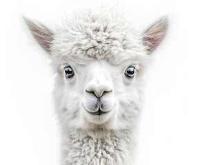 Obraz premium A cute white alpaca, a furry mammal related to the llama (Lama glama), shows its head in a close-up portrait