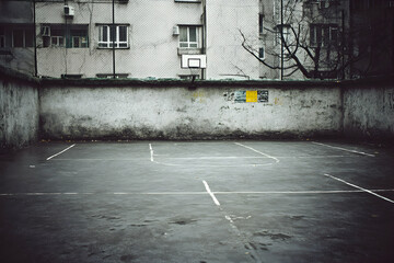 Urban court Empty asphalt court with weathered wall under a grey sky near an apartment block