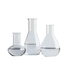 Clear chemical glassware containing liquid on white background suitable for scientific activities, Chemical glassware and liquid white background
