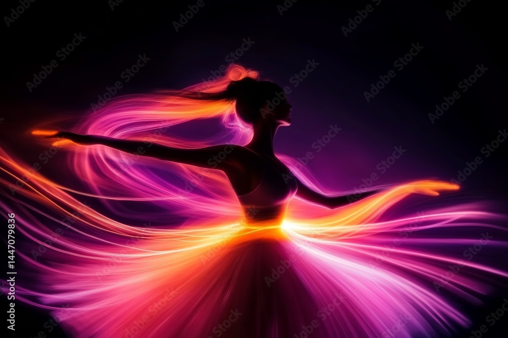 Poster a digital ballet dancer gracefully moves, leaving behind radiant light trails that enhance the feeli