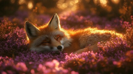 Fototapeta premium Serene slumber of a fox amid a vibrant field of blooming heather at twilight capturing an essence of peacefulness in the wilderness nature
