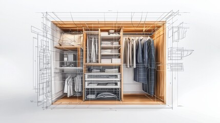 Modern closet design concept with organized storage and clothing display in a minimalist style