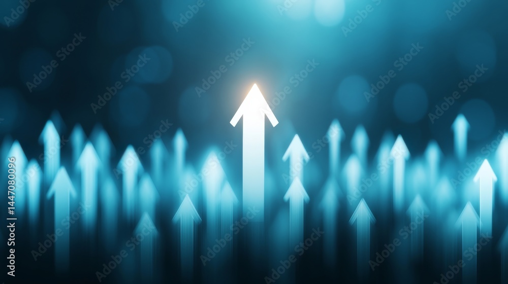 Poster A glowing financial arrow ascends sharply against a gradient blue background with subtle digital patterns, creating a sense of growth and success