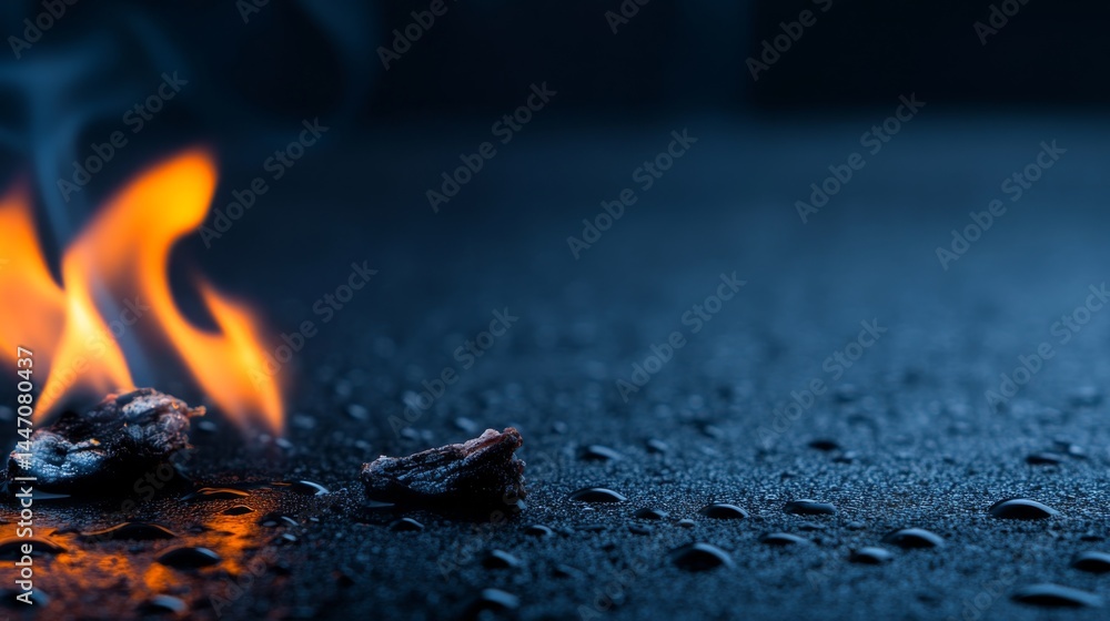 Aufkleber Flames flicker beside droplets of water on a dark surface, highlighting the striking contrast between heat and coolness in a captivating display of textures