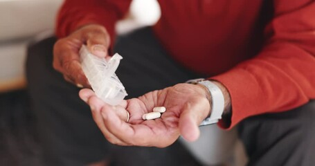 Senior, hands or pill container in retirement for prescription medication, daily treatment or health benefits. Healthcare, old man or drugs for wellness supplements, arthritis or medical cure in home