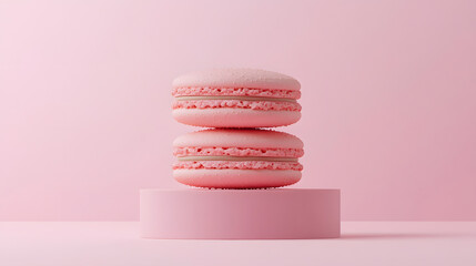 Two pink macarons are stacked on a pink rectangular base against a pink background.