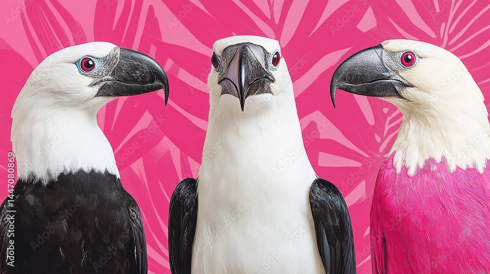 Poster three abstract eagles in a pop art style with a pink foliage patterned backdrop delivering a bold st