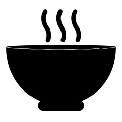 Simple black and white vector illustration of a bowl of hot soup