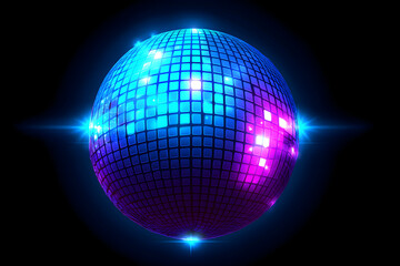 Shiny disco ball with blue and purple squares reflects bright light in the dark