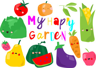 Vector Set of Cute Cartoon Fruits and Vegetables