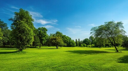 Bright Green Lawn Surrounded by Lush Trees Under Clear Blue Sky