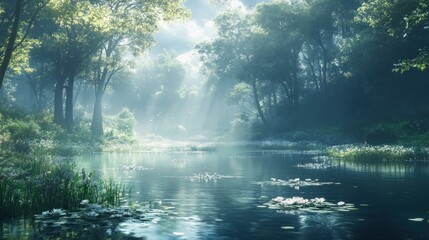 Obraz premium Enchanted Forest Lake: A Serene Morning in Nature's Embrace