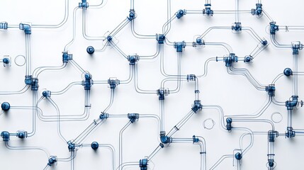 Intricate network of blue pipes and fittings on a white background showcasing an engineering design layout
