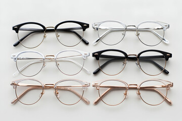 Six pairs of half-frame glasses in varied colors lined up on a white surface with neutral background