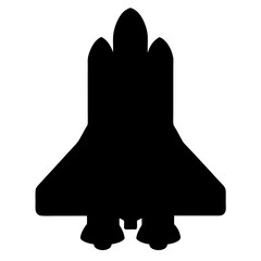 Bold black silhouette of a space shuttle soaring through the cosmos