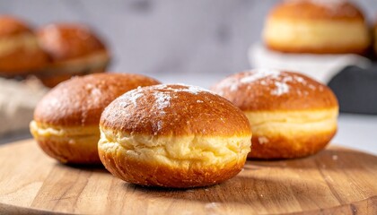 Paczki product photo on a wooden cutting board with a blurred background