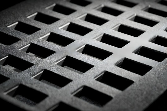 Metal grid featuring aligned, rectangular openings, creating depth and shadows in a geometric pattern