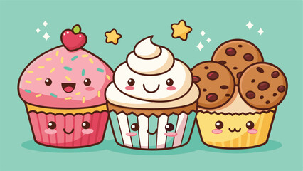 Design a kawaii-style banner ad for a bakery featuring adorable cupcakes with pastel frosting and sprinkles.  Include whimsical elements.