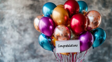 Luminous Balloon Bouquet Displaying Congratulatory Wishes on a Textured Backdrop, Reflecting Celebration and Festive Cheer