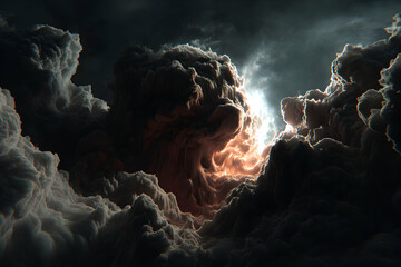 Dramatic clouds swirl with glowing center, creating a dynamic, impactful sky scene