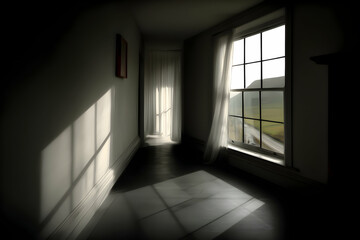 Sunlight streams through a window in a dimly lit hallway, creating geometric shadows on the dark floor