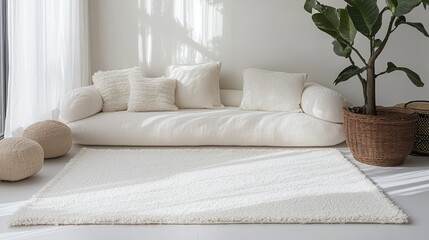 Naklejka premium Minimalist living room with white sofa and potted plant