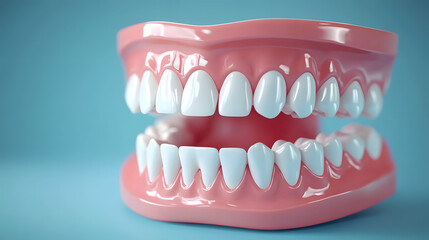 Obraz premium A dental care background featuring 3D white teeth with ample copy space in blue backdrop illustration