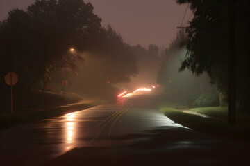 Ominous street view. Foggy road and trees create a mysterious scene. Headlights are visible