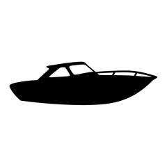 Silhouette of a motorboat with a cabin cruising on the water