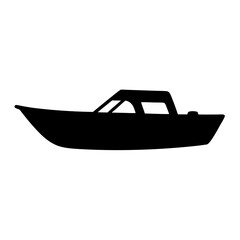 Black silhouette of a small motorboat or speedboat on a white background