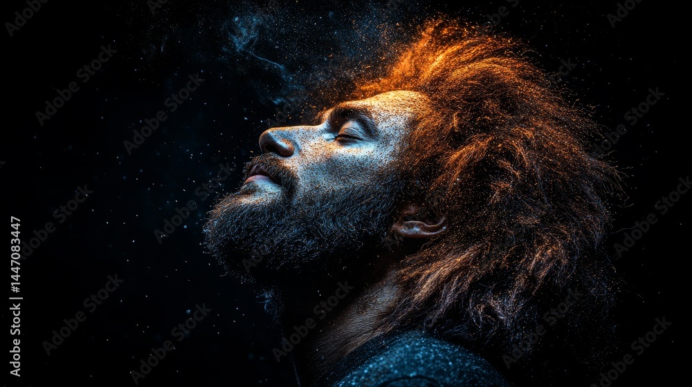 Aufkleber artistic rendition of a contemplative face dissolving into stardust and cosmic particles against a d