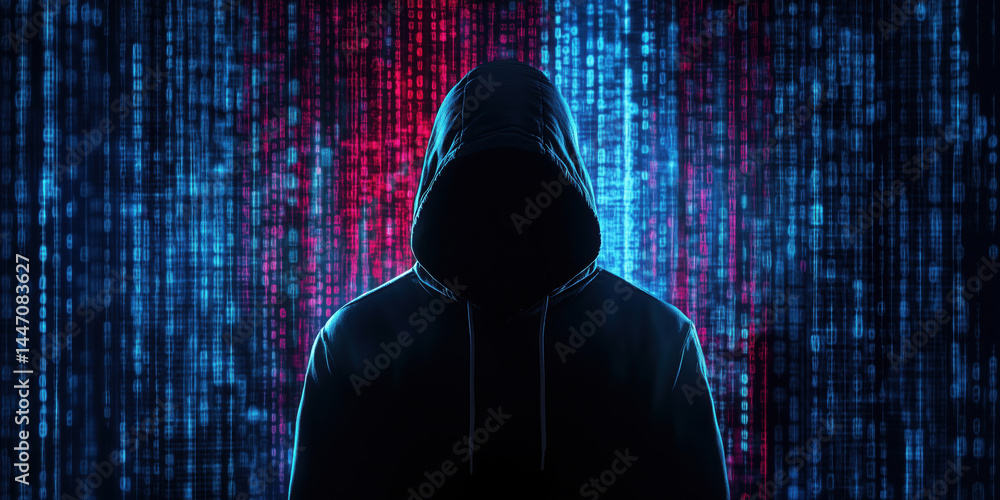 Poster mysterious figure in hoodie against digital binary code background.