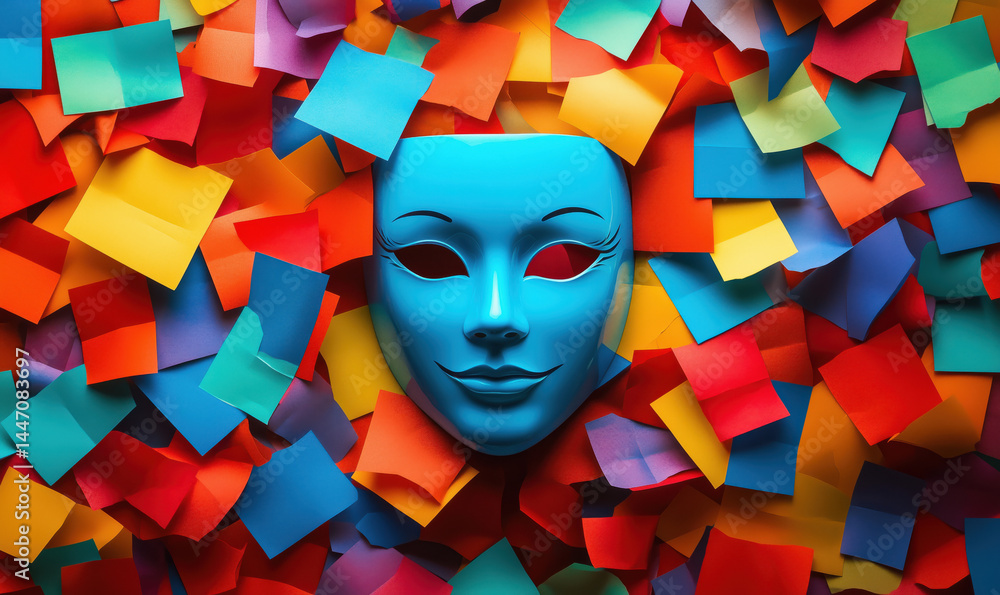 Poster blue mask surrounded by colorful sticky notes creating vibrant artistic display.