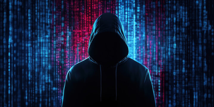 Mysterious figure in hoodie against digital binary code background.