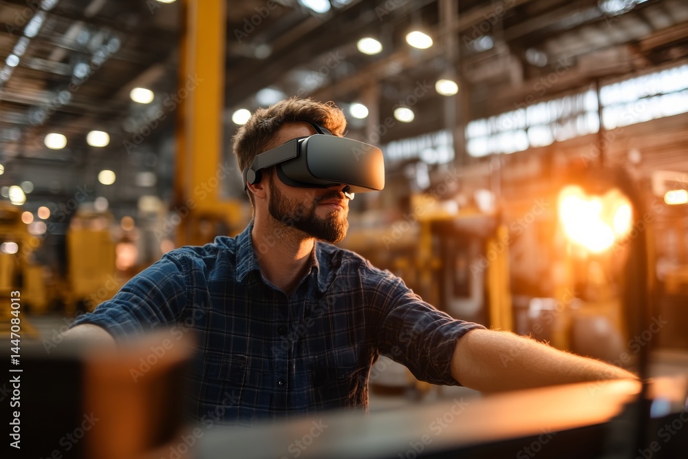 Poster a man engages in a virtual reality experience using vr goggles in a modern industrial environment fi