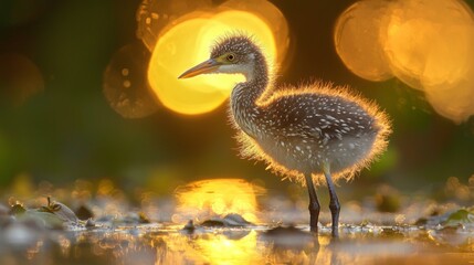 Fototapeta premium Young heron stands gracefully by the water during sunset with vibrant golden bokeh in the background