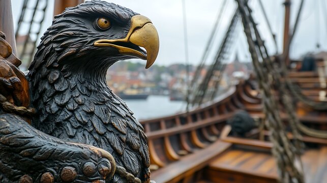 Carved eagle figurehead on historic ship, harbor view, nautical detail