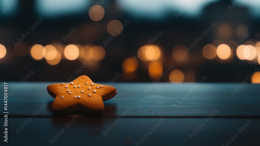 Aufkleber sitting on a rustic wooden table, a gingerbread cookie shaped like a star is adorned with icing and 
