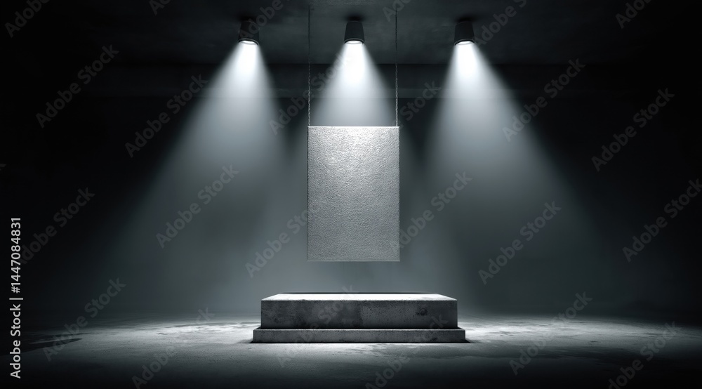 Poster a minimalist gallery display with a textured rectangular artwork illuminated by three spotlights in 