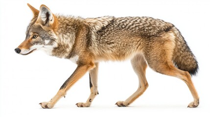 Fototapeta premium Coyote walking across a white background showcasing its sharp features and detailed fur patterns in a natural pose