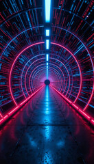 Vibrant neon tunnel with glowing lights creating a futuristic pathway that draws the viewer into an immersive digital realm