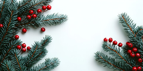 Christmas green fir branch frame with red ball ornament