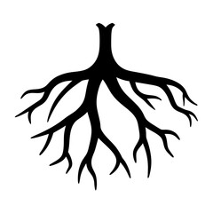Abstract depiction of tree roots in black silhouette on white background
